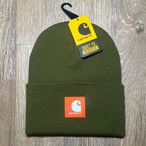 CARHARTT Rubber Patch. Knit Hat Cuff Beanie. DARK BRONZED GREEN. Orange patch